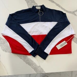 IVOIRE Colorblock Zip Mock Neck Knit Sweatshirt Navy White Red Women's Size L